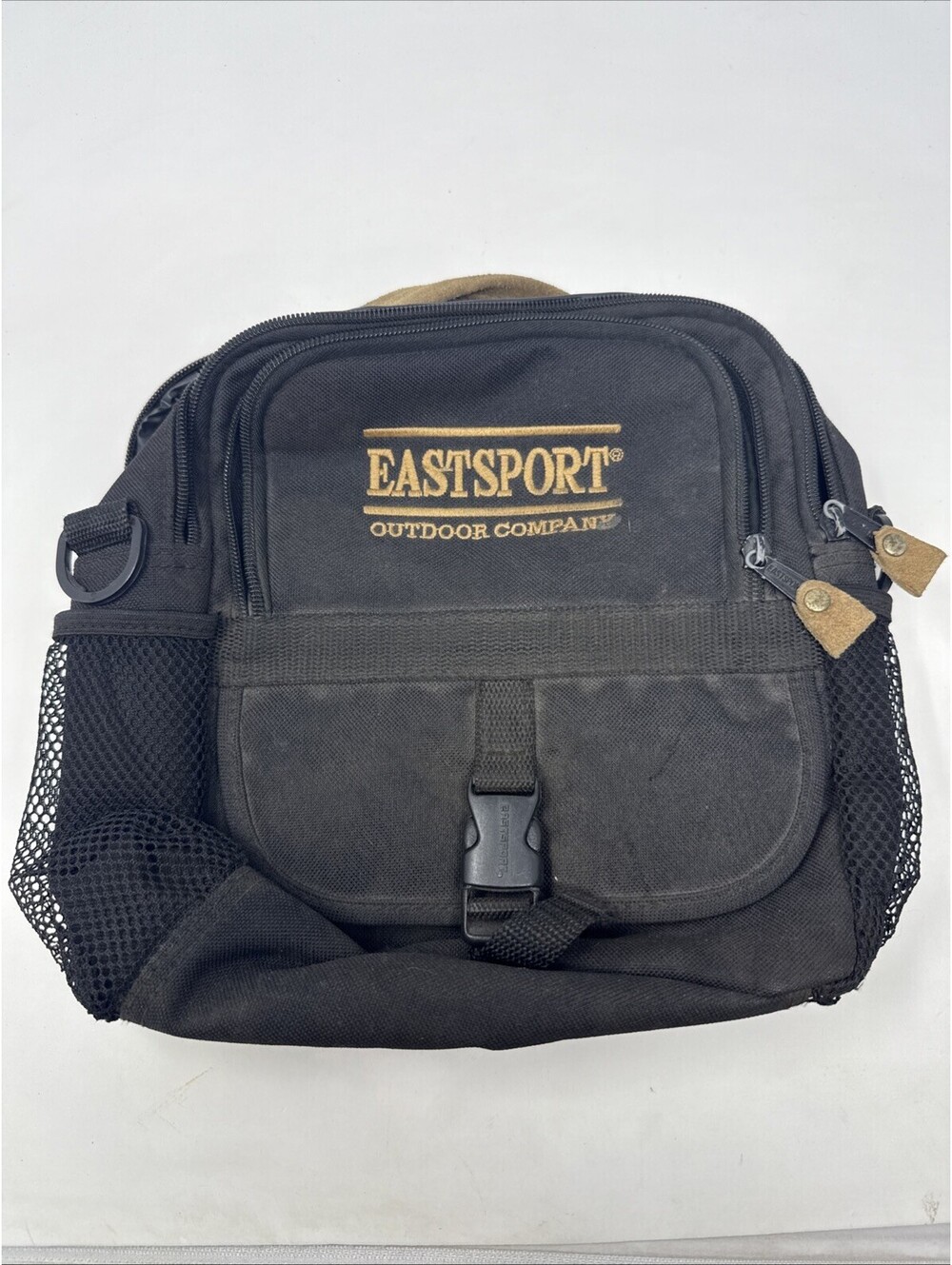 Vintage Eastport Outdoor Company Black Canvas and Tan Suede Backpack Storage Zip